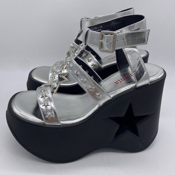 Demonia Dynamite Platform Wedge Sz 7 Silver Star Cutout Rave EDM Festival Gothic - Picture 9 of 15